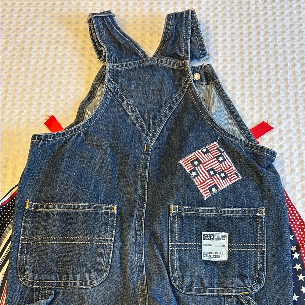 BABY GAP Red White Blue Denim Overalls Patriotic Stars Stripes Bib Skirt Ruffles - Picture 4 of 16